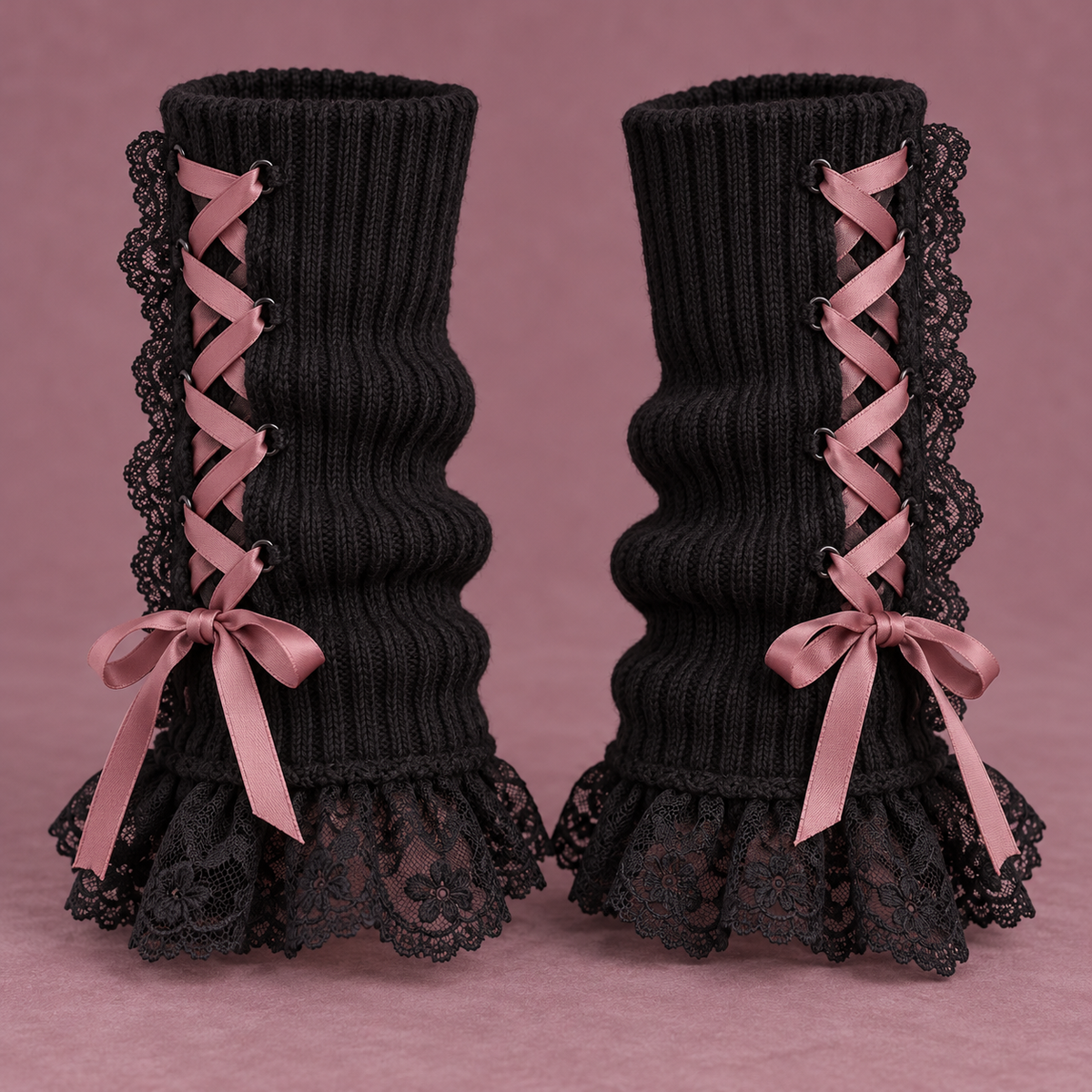 Black Jirai Kei wrist warmers with dusty rose lacing and lace cuffs