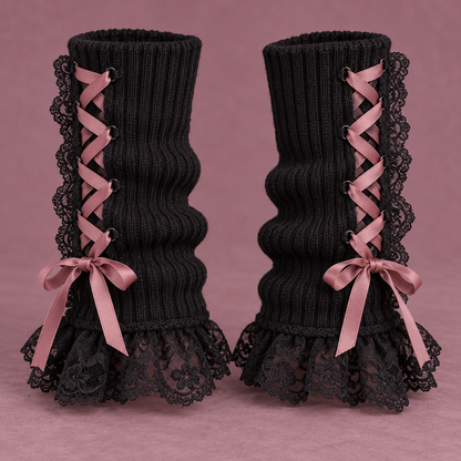 Black Jirai Kei wrist warmers with dusty rose lacing and lace cuffs