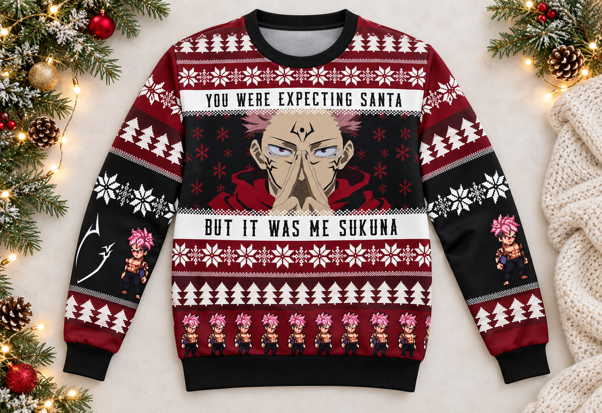 Sukuna sweater arranged in a professional holiday flat lay