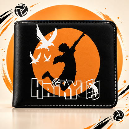 Shoyo Hinata Haikyu wallet front on orange and ivory studio backdrop