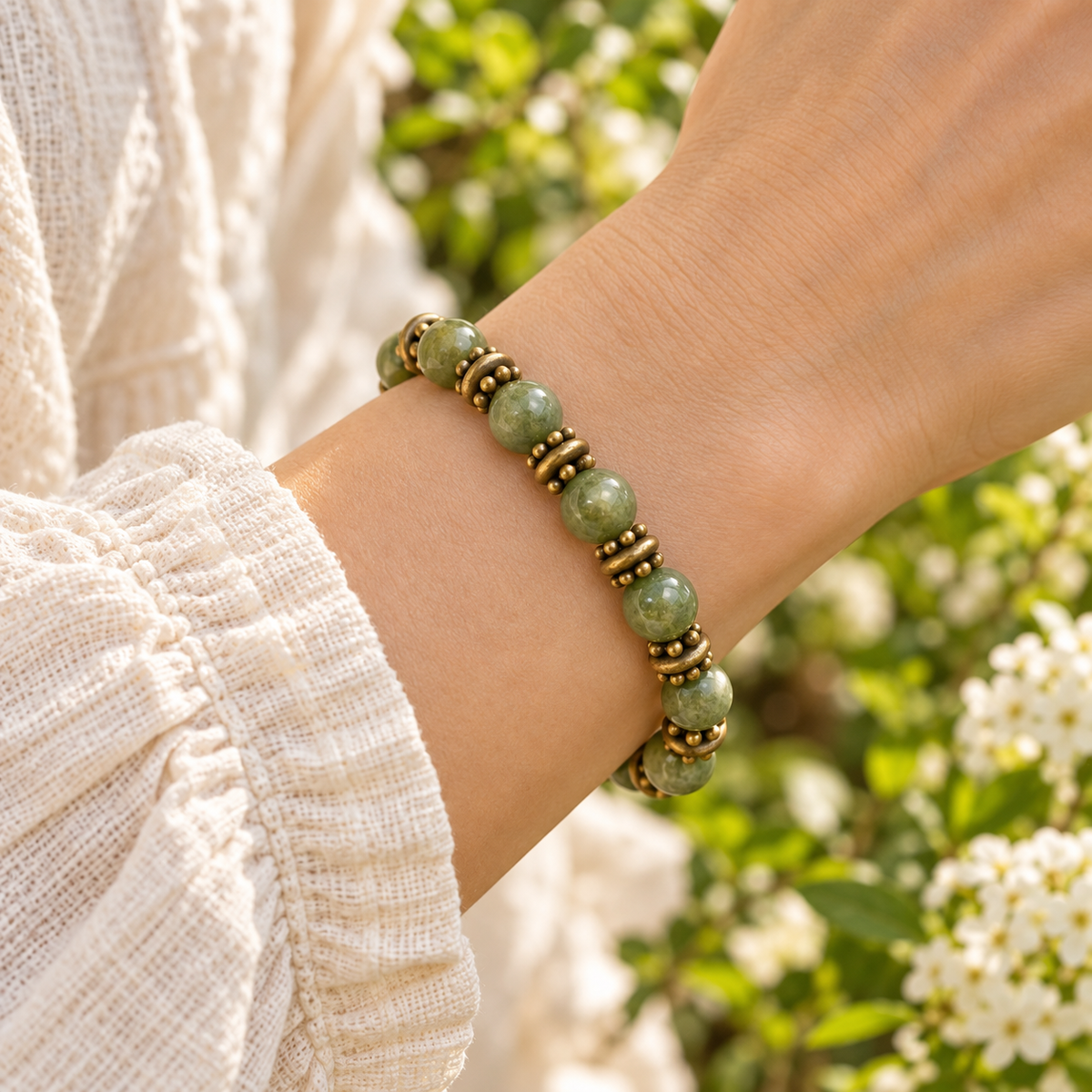 Mori Kei moss-green beaded bracelet styled with a cream blouse