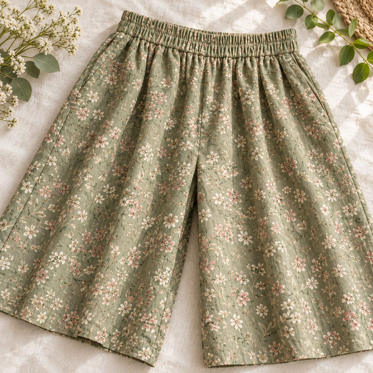Detail of the gathered waist and floral print on sage Mori Kei culottes