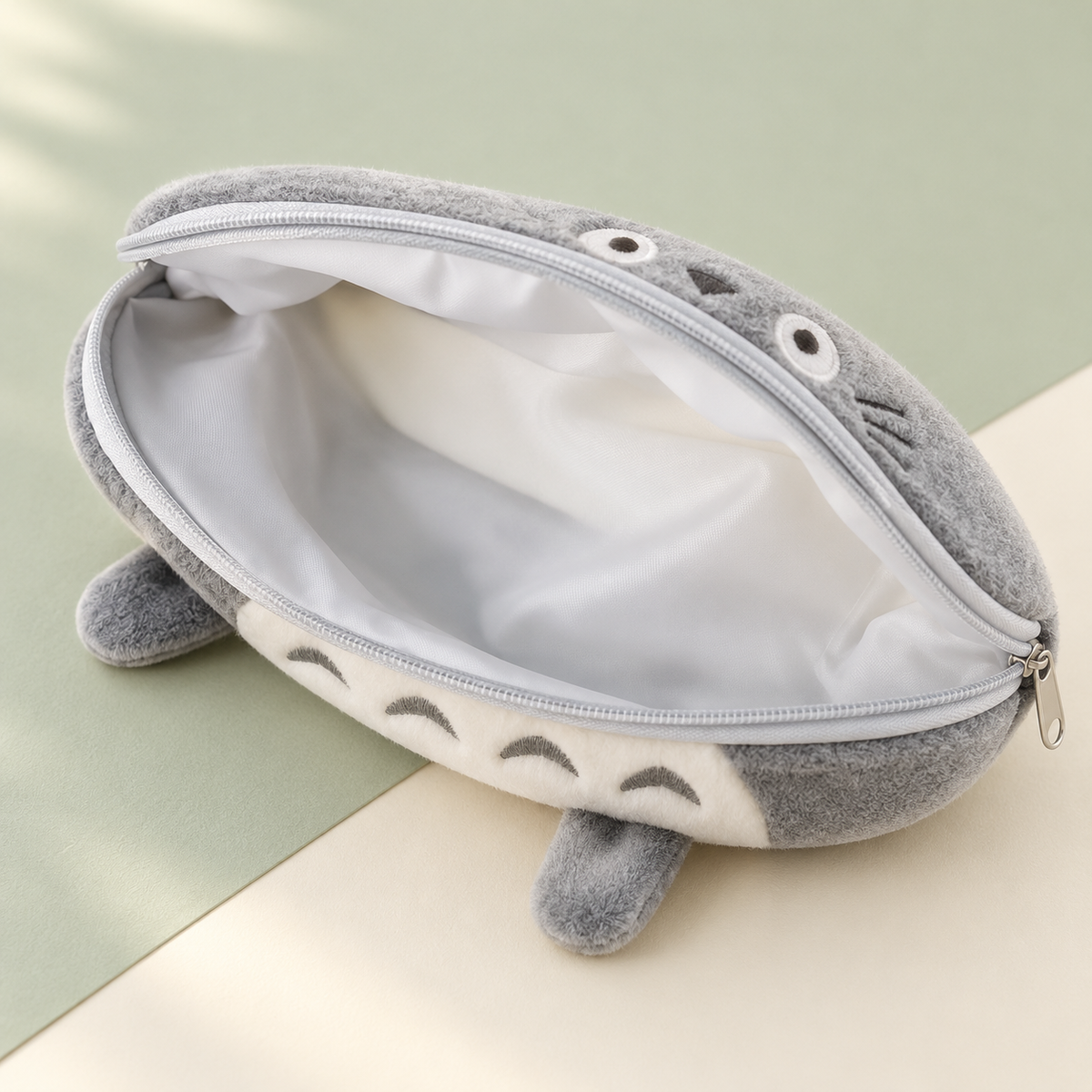 Open Totoro plush pencil case with white lining