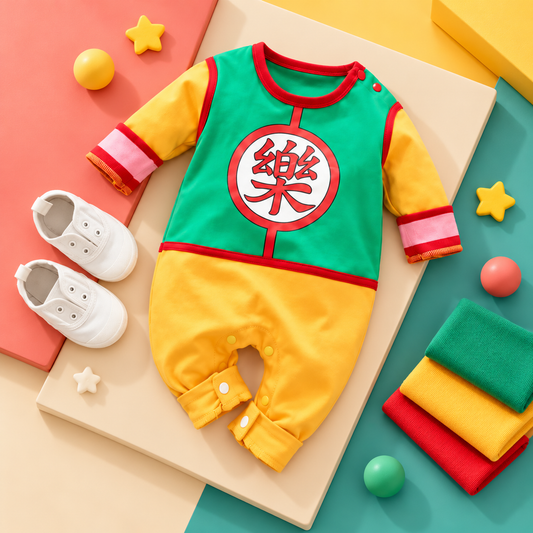 Full-length Yamcha inspired baby jumpsuit arranged on colorful coral, teal, cream, and gold blocks