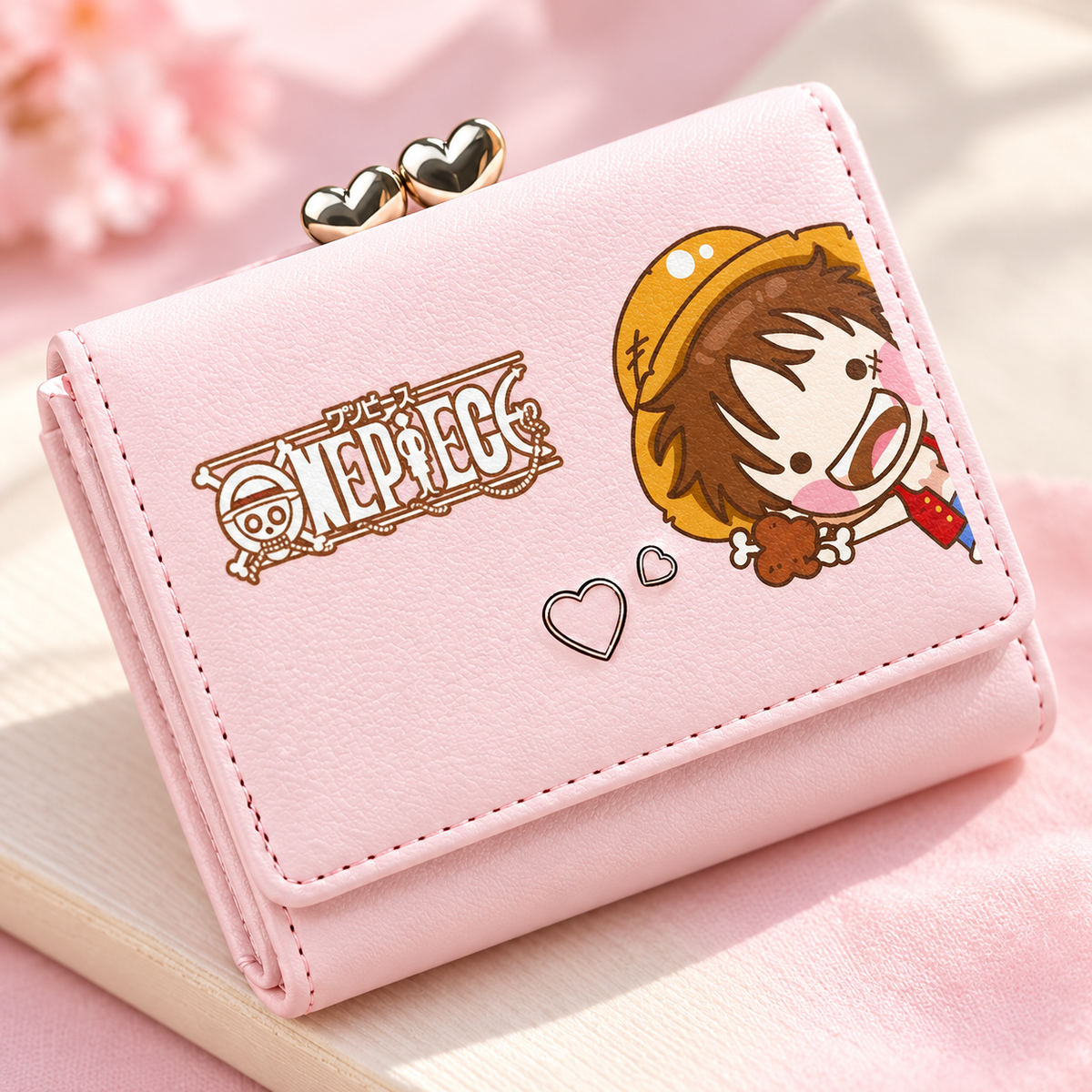 Close detail of the Kawaii Luffy wallet artwork, stitching, and texture