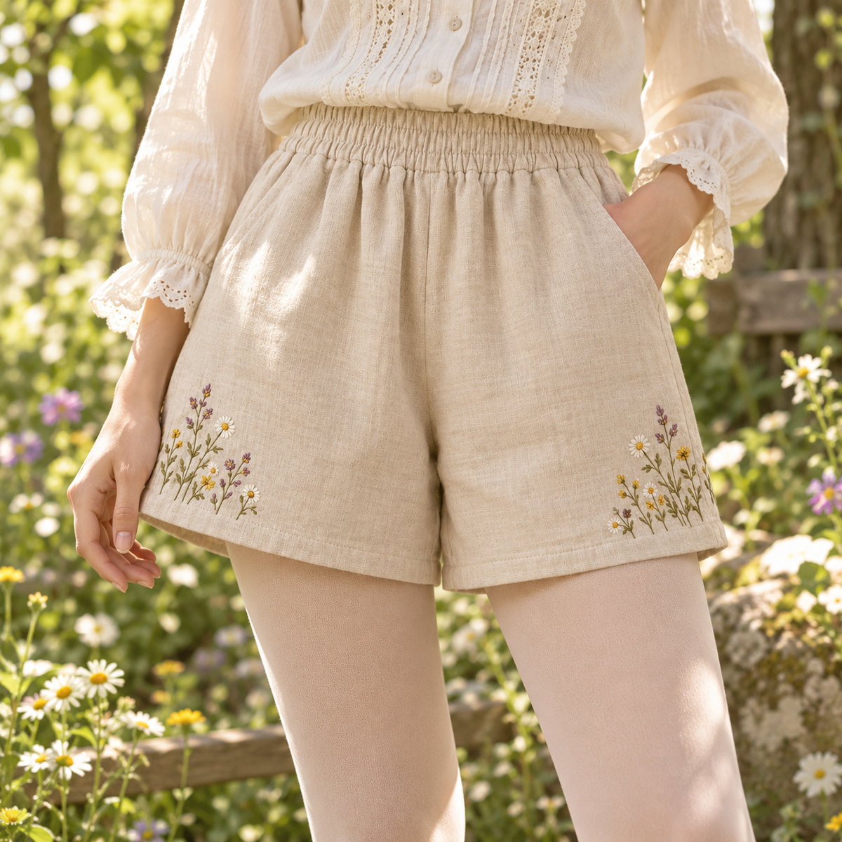 Mori Kei wildflower shorts styled with a cream blouse