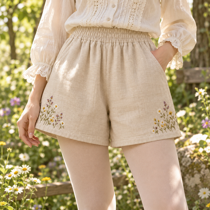 Mori Kei wildflower shorts styled with a cream blouse