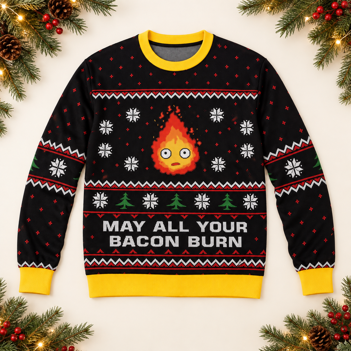 Flat-lay of the Calcifer sweater with flame graphic and May all your bacon burn text