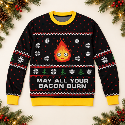 Flat-lay of the Calcifer sweater with flame graphic and May all your bacon burn text