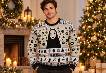 No Face sweater worn in a professional holiday studio photoshoot
