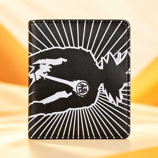 Goku Saiyan wallet front view with black-and-white silhouette and radial design