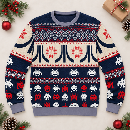 Flat-lay view of the Atari sweater with red and white pixel alien motifs