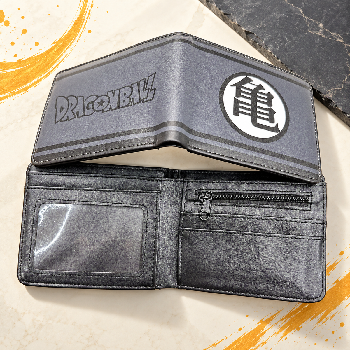 Open Goku Kanji Grey wallet showing Dragon Ball logo and card slots
