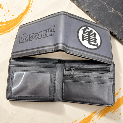 Open Goku Kanji Grey wallet showing Dragon Ball logo and card slots
