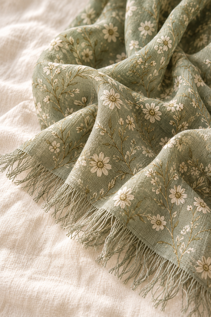 Close view of botanical print and fringe on Mori Kei scarf