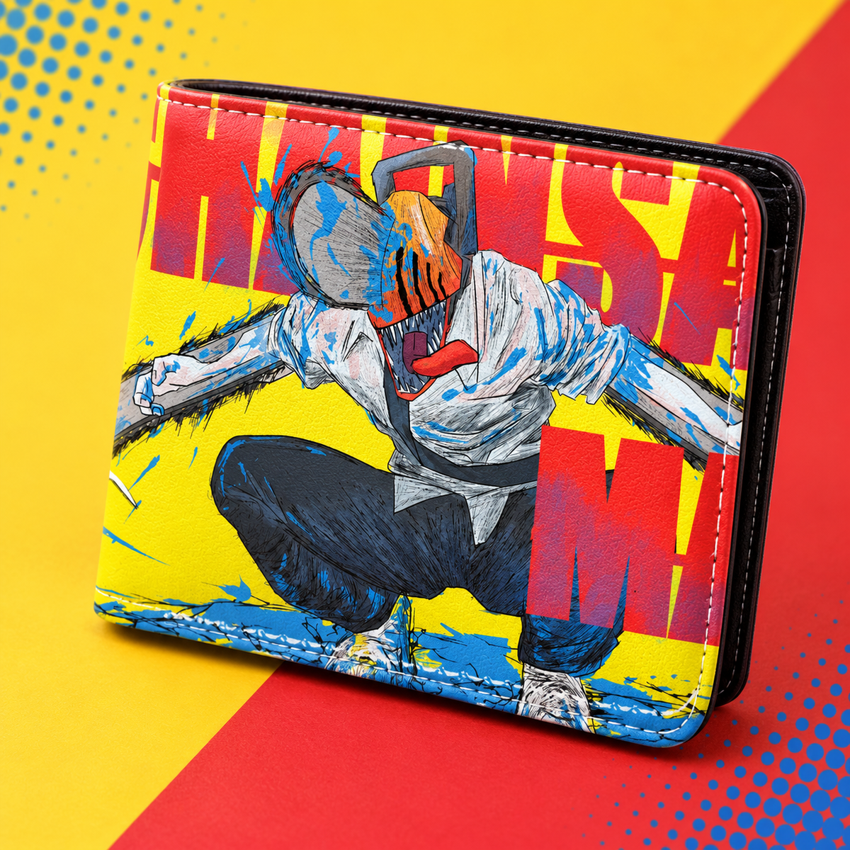 Angled view of the Denji Pop Art Anime Wallet showing its stitched bifold edge