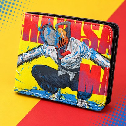 Angled view of the Denji Pop Art Anime Wallet showing its stitched bifold edge