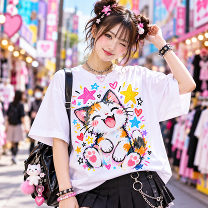 Harajuku street-style model wearing a smiling cat graphic T-shirt