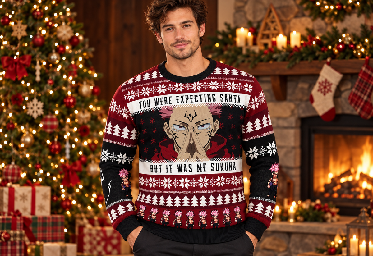 Sukuna sweater worn in a professional holiday studio photoshoot