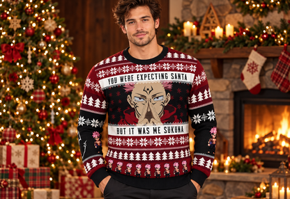 Sukuna sweater worn in a professional holiday studio photoshoot