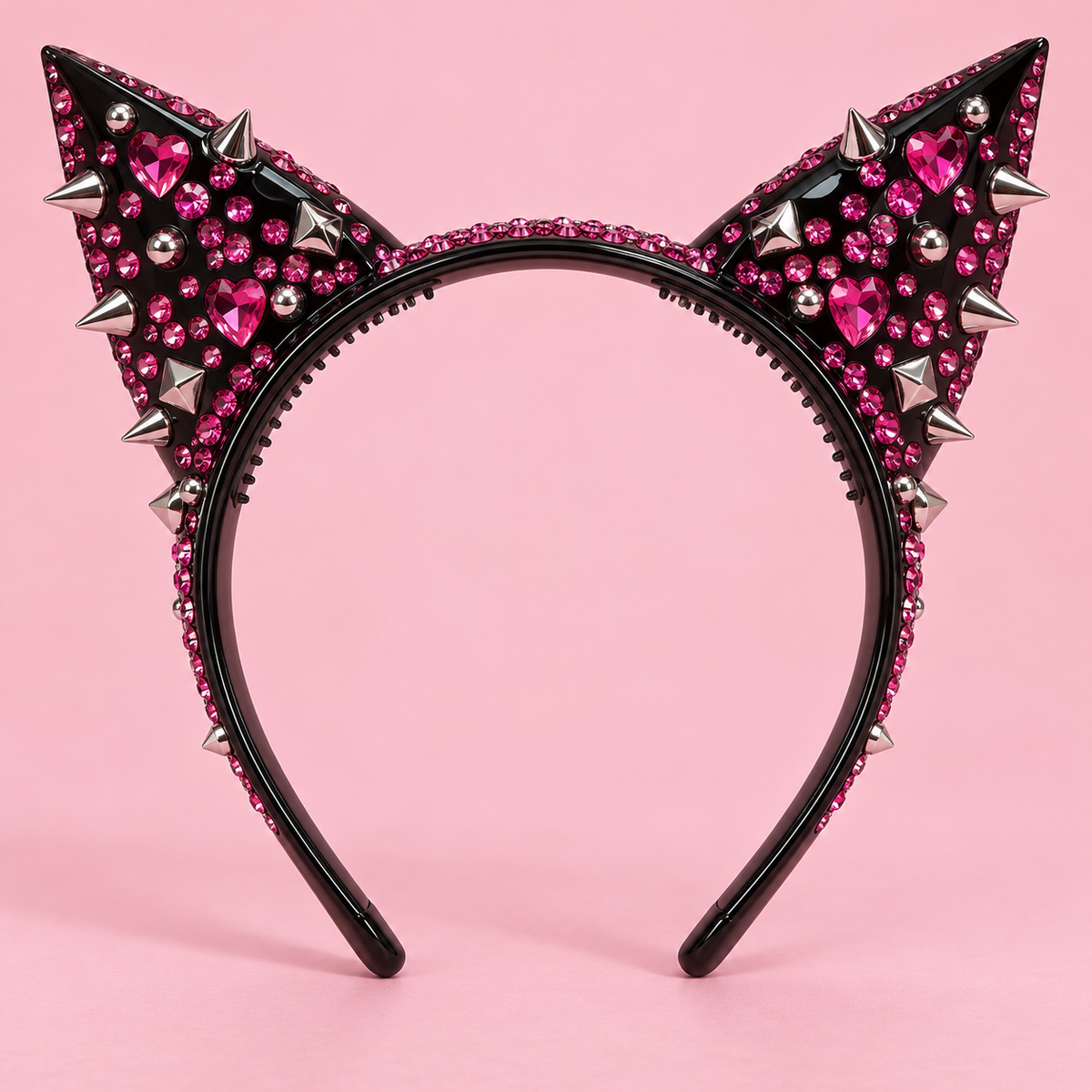 Black cat-ear Gyaru headband with hot-pink rhinestones and silver studs