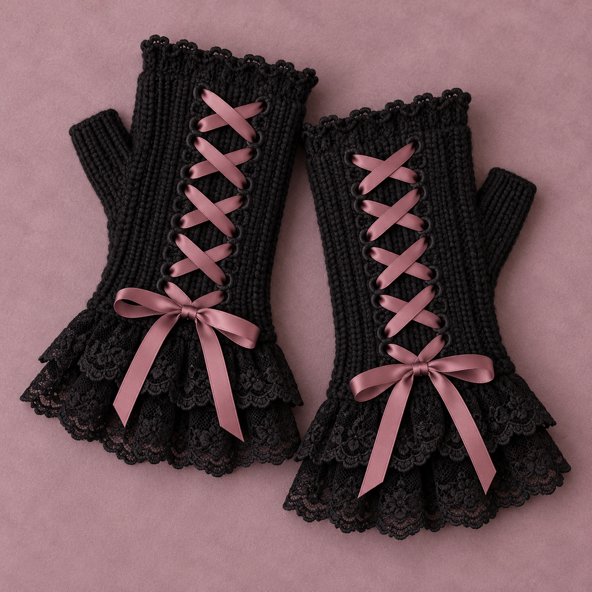 Pair of black lace-trim wrist warmers with rose ribbon lacing