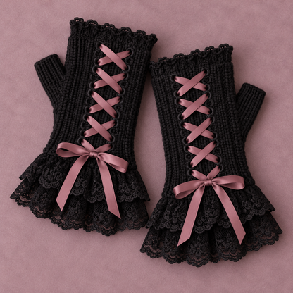 Pair of black lace-trim wrist warmers with rose ribbon lacing
