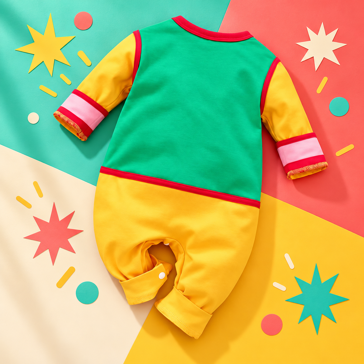 Back of the green and gold baby jumpsuit styled with colorful graphic accents