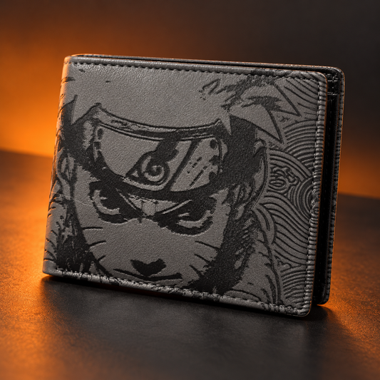 Angled Shinobi Naruto wallet showing embossed linework and stitched bifold edge