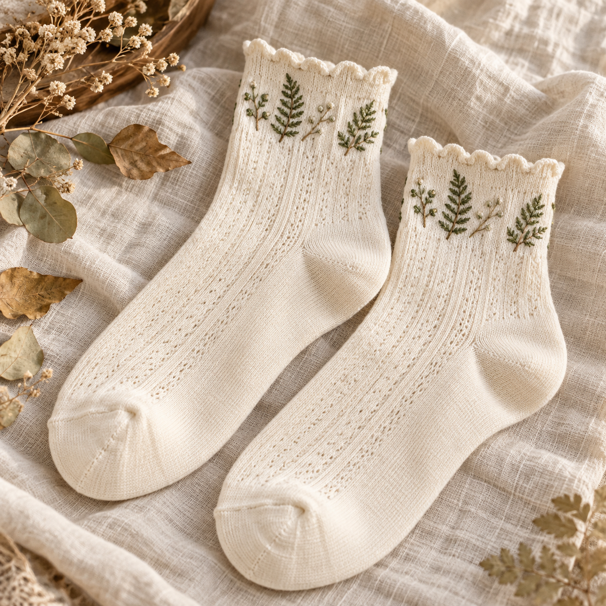 Pair of cream Mori Kei ankle socks with green fern embroidery and scalloped cuffs