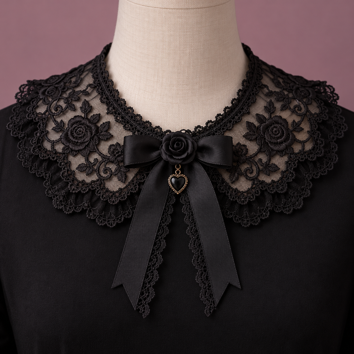 Dusty Rose Bow Lace Collar — styled view