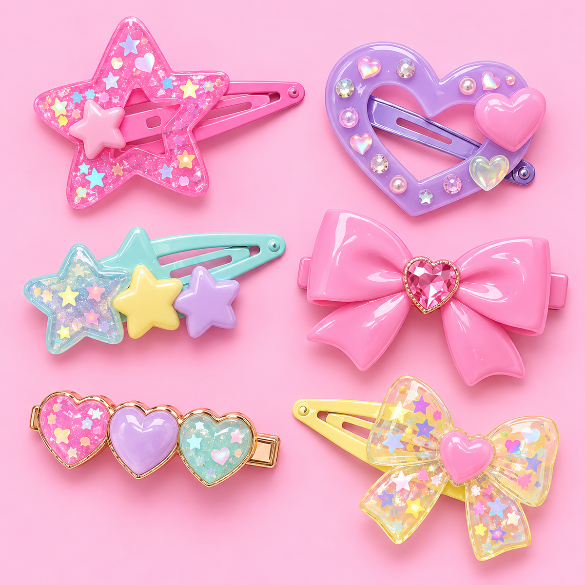 Set of six pastel Harajuku hair clips in star, heart, and bow shapes