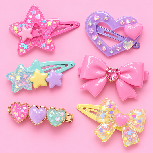 Set of six pastel Harajuku hair clips in star, heart, and bow shapes