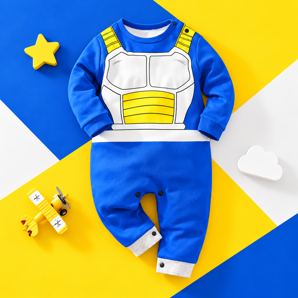 Vegeta baby romper front on vibrant blue and yellow blocks