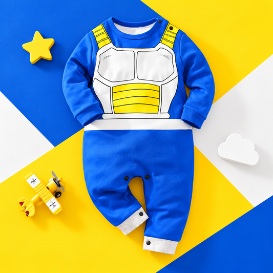 Vegeta baby romper front on vibrant blue and yellow blocks