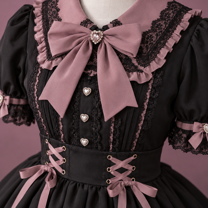 Close-up of Jirai Kei dress rose bow, lace and heart buttons