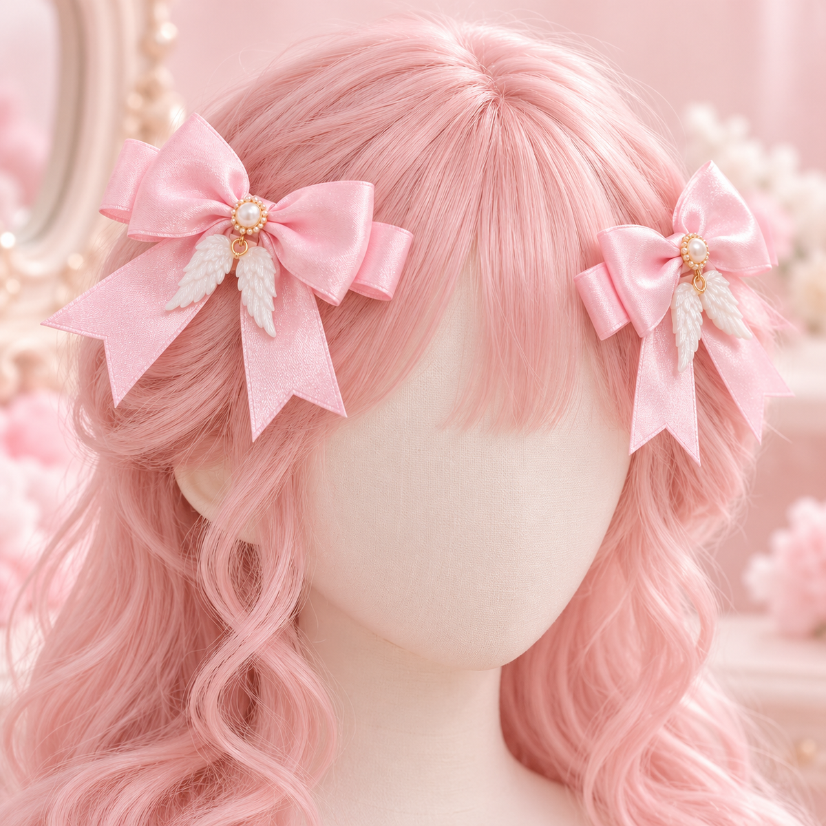 Pink angel ribbon hair clips styled on a display wig