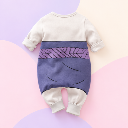 Back view of cream and lavender full-length romper