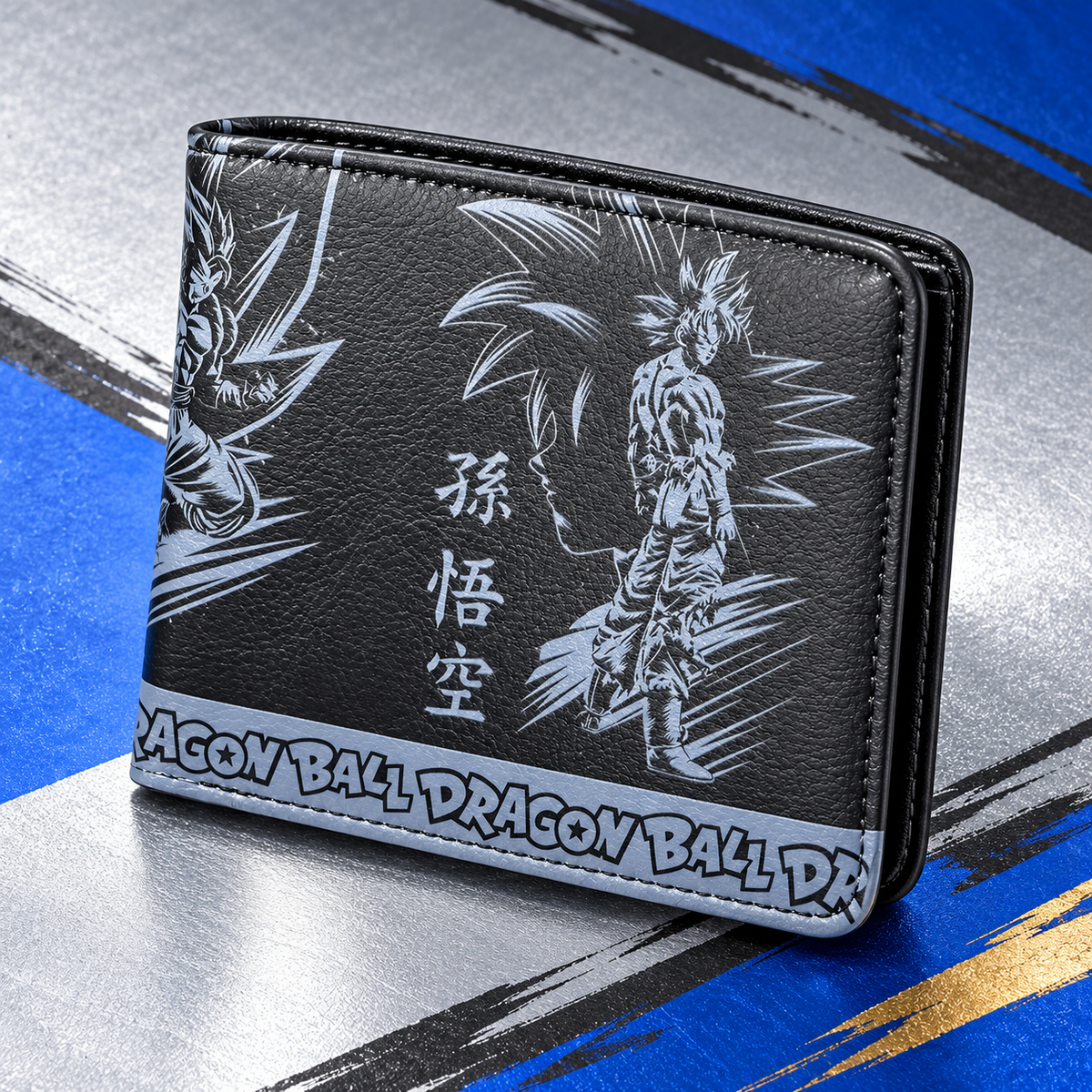 Angled Super Saiyans wallet on silver, charcoal, and cobalt graphic surface