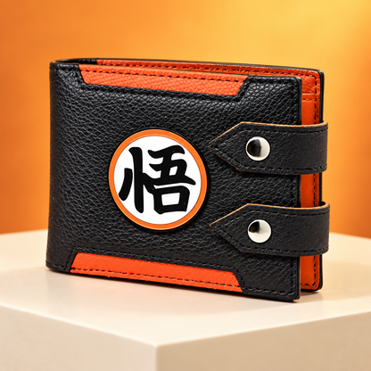 Super Saiyan Wallet angled view showing its black and orange bifold design