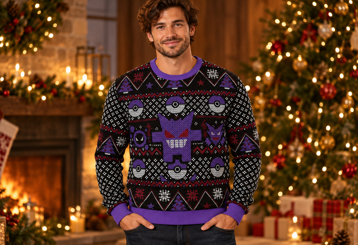 Gengar sweater worn in a professional holiday studio photoshoot
