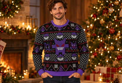Gengar sweater worn in a professional holiday studio photoshoot