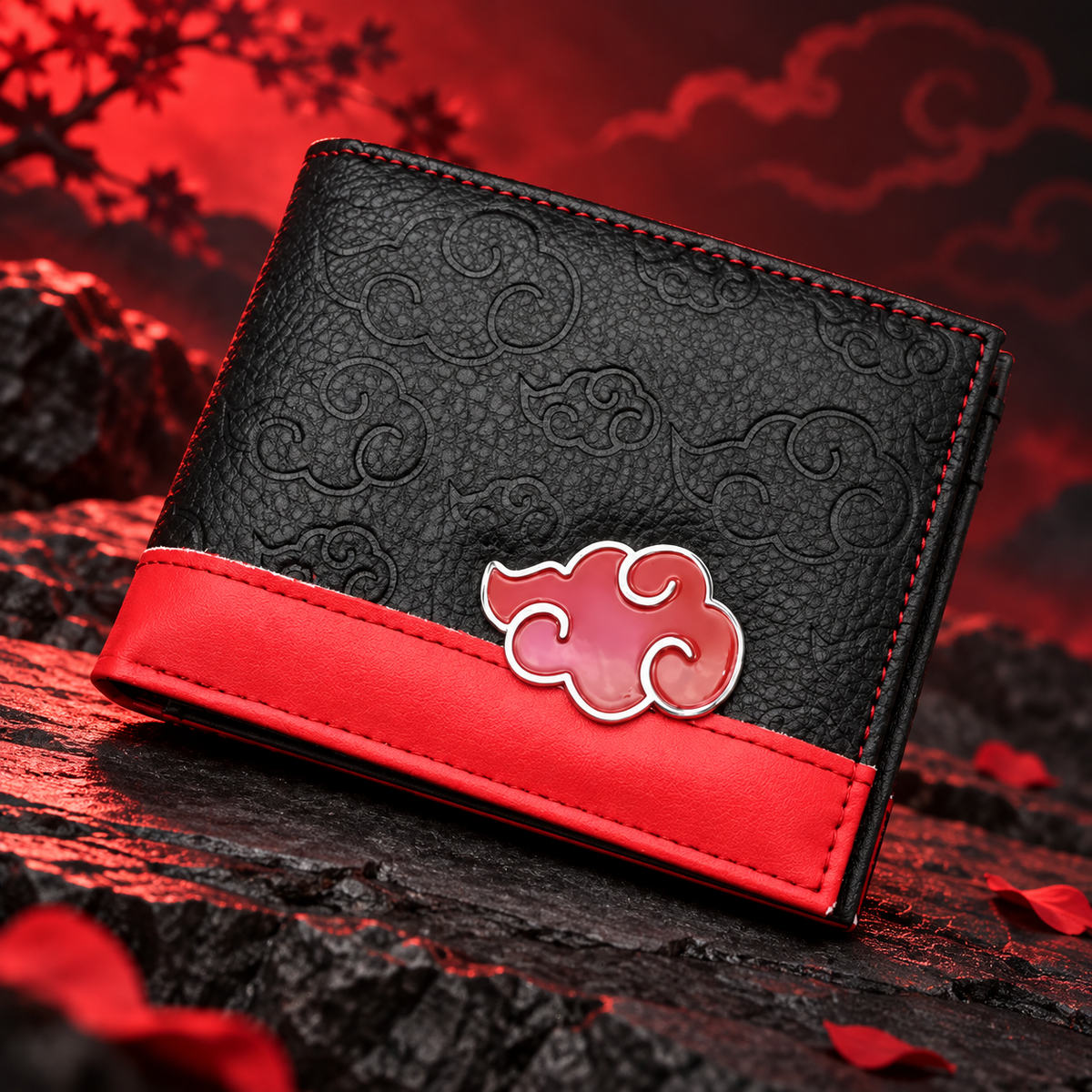 Akatsuki Clan Anime Wallet in a dramatic crimson product setting