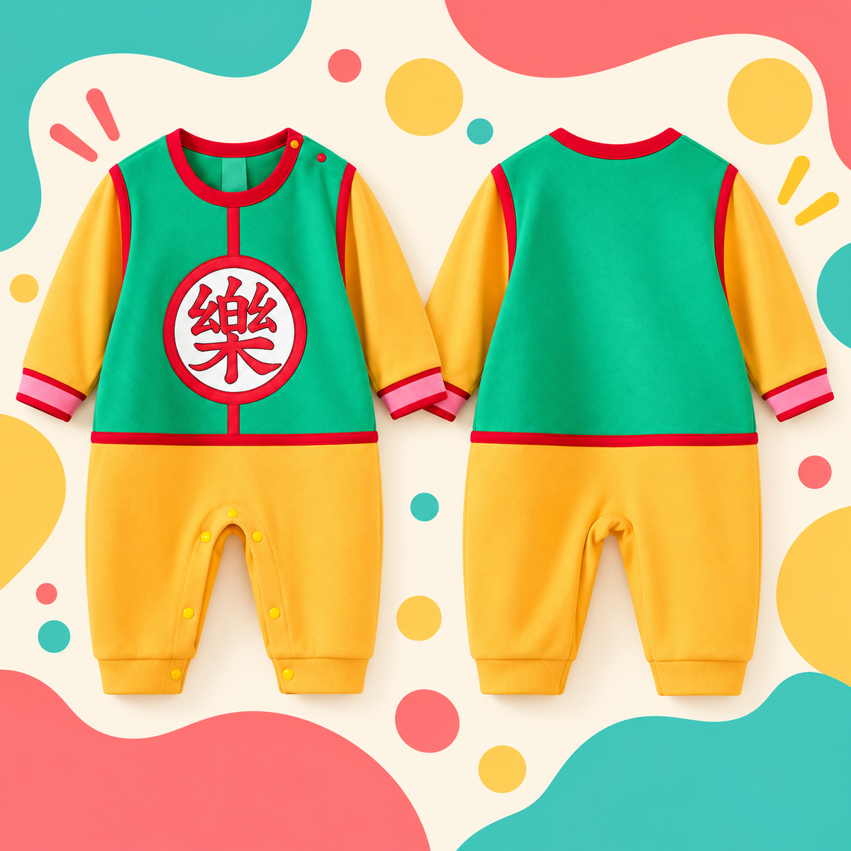 Colorful square front and back comparison of the Yamcha inspired baby jumpsuit