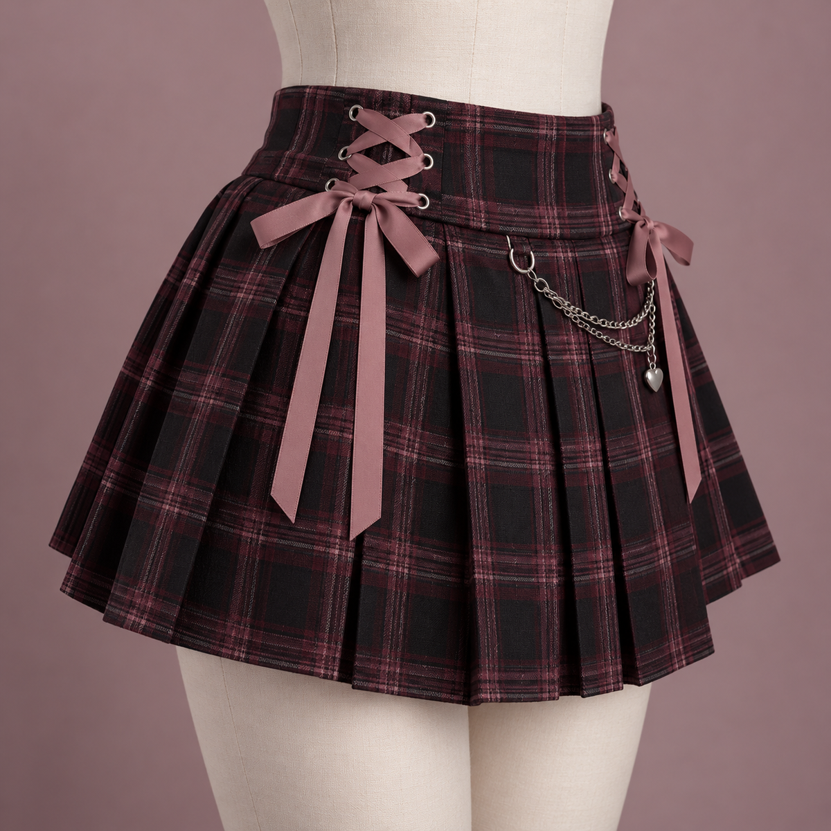 Three-quarter view of Jirai Kei plaid pleated skirt with ribbon details