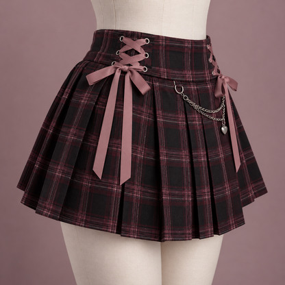 Three-quarter view of Jirai Kei plaid pleated skirt with ribbon details