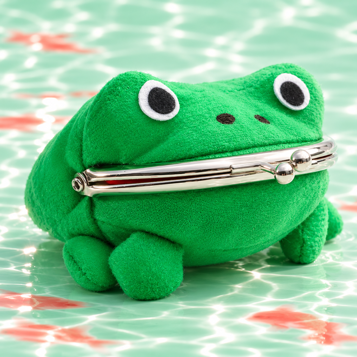 Closed Gama-Chan green plush frog coin purse with a silver kiss-lock clasp
