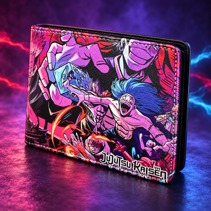 JJK Characters wallet angled closed view showing stitched bifold edge