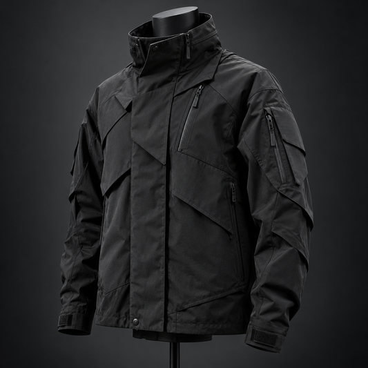 Black modular techwear jacket with zip pockets on studio mannequin