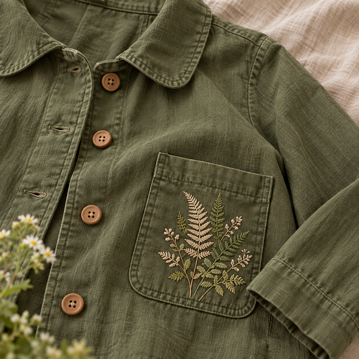 Detail of patch pocket, buttons, and fern embroidery on moss-green Mori Kei jacket